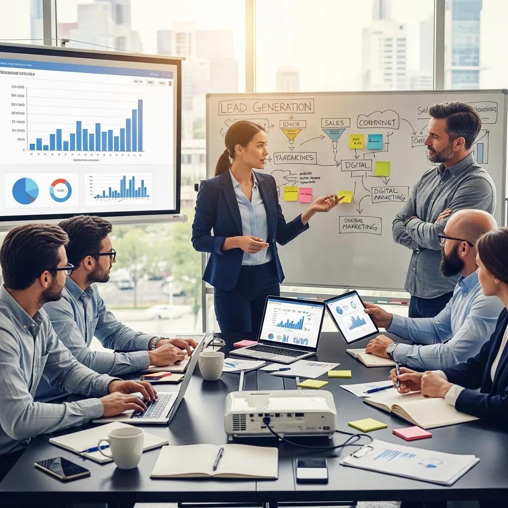 Automotive sales team brainstorming lead generation techniques in a collaborative setting