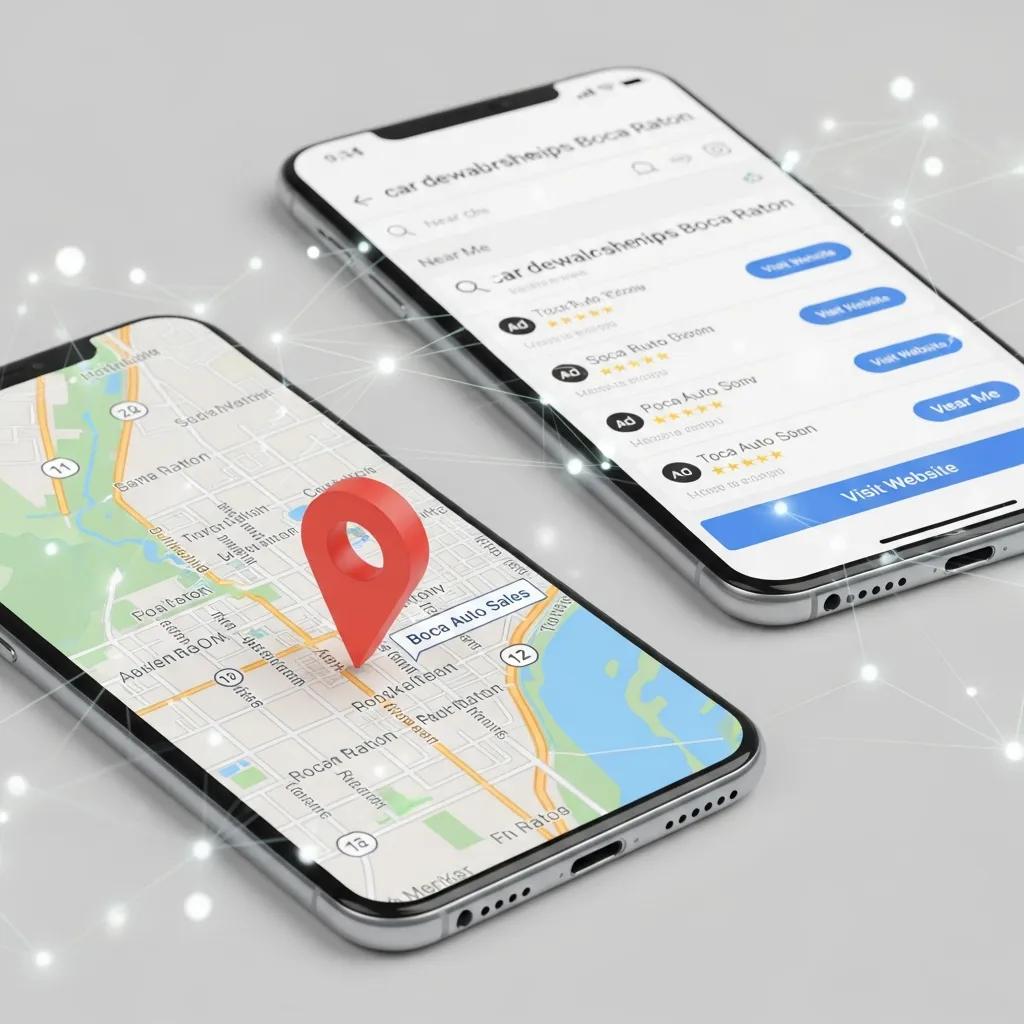 Digital map highlighting a car dealership location in Boca Raton