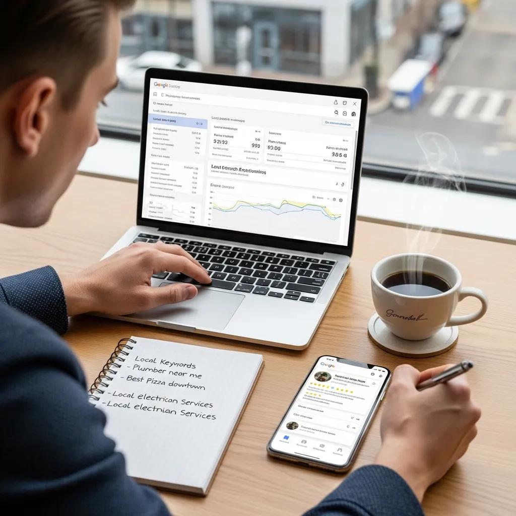 Digital marketing professional analyzing local SEO strategies with laptop and local keywords