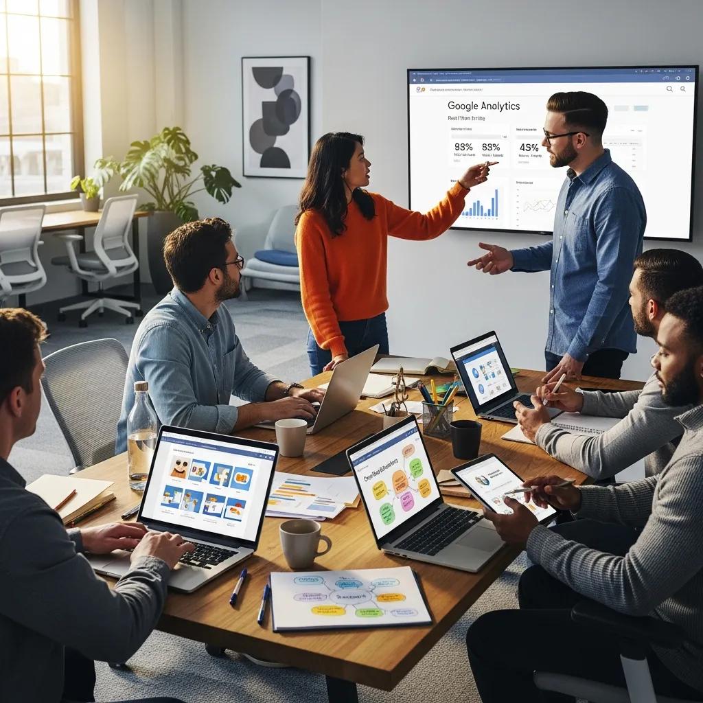 Digital marketing team discussing online advertising strategies in a modern office