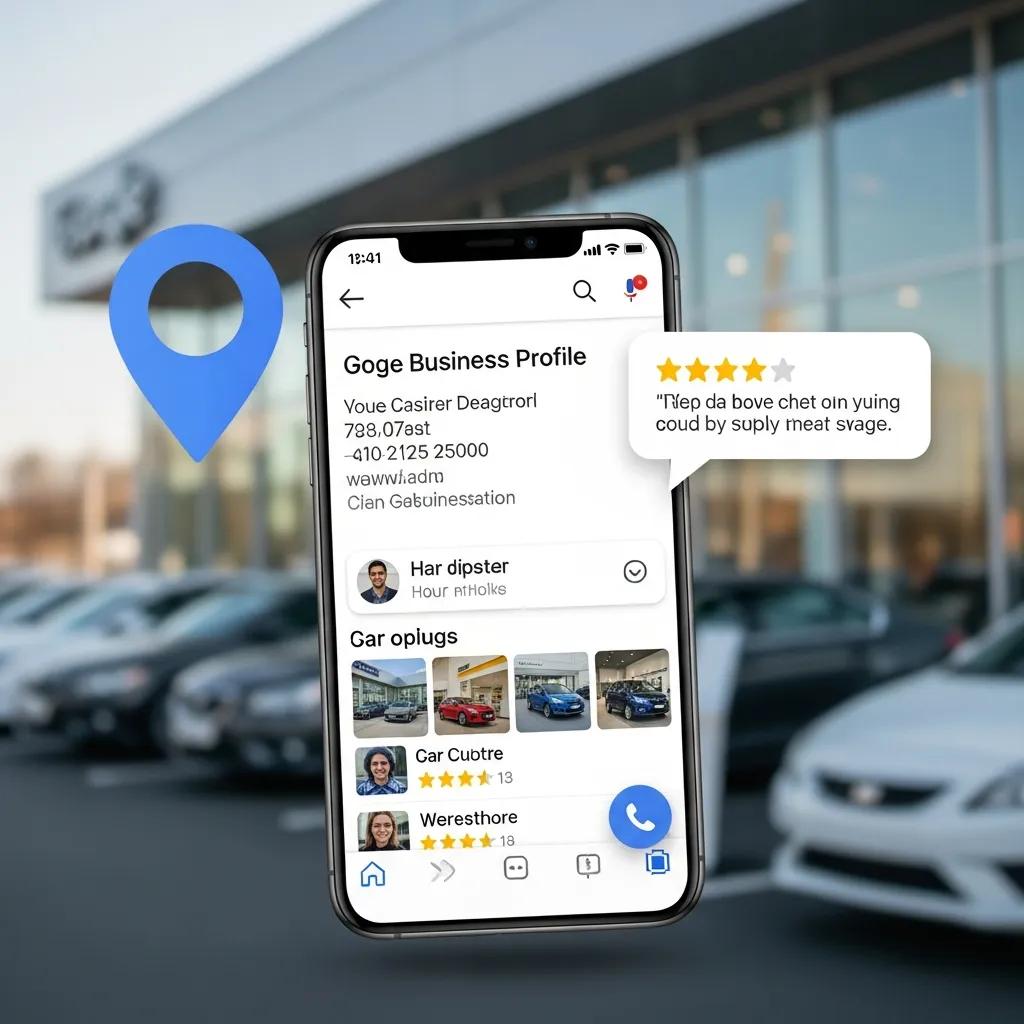 Google Business Profile on smartphone with local search elements, emphasizing dealership visibility