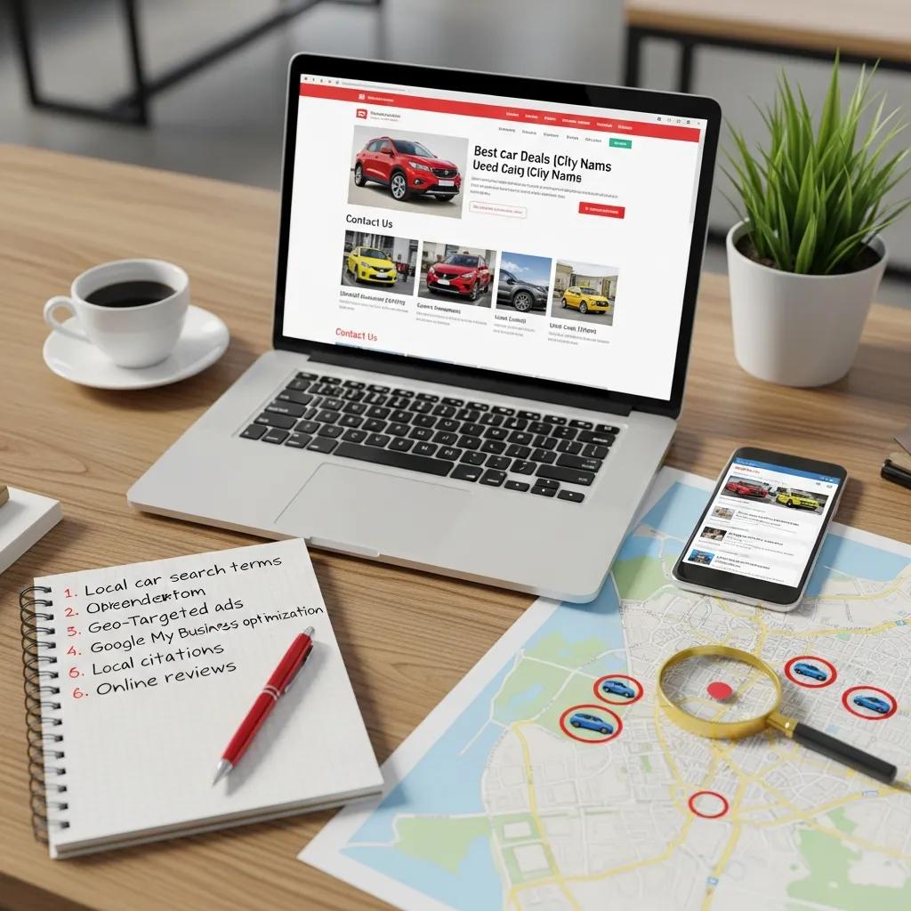 Local SEO strategies for car dealerships with laptop, keywords, and map elements