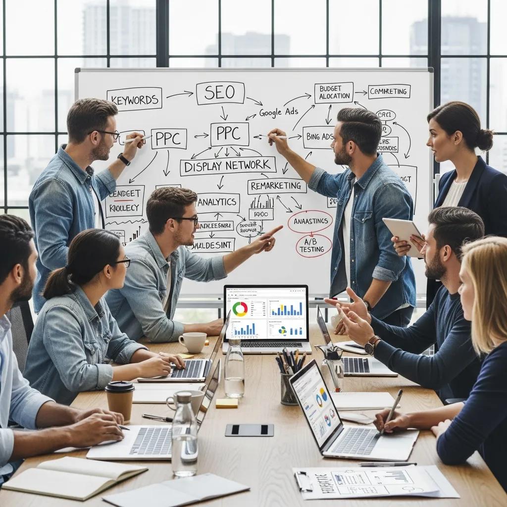 Marketing team brainstorming SEM campaign strategies in a modern office setting