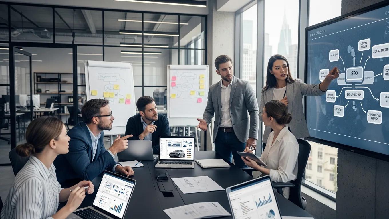 Marketing team collaborating on digital strategies in a modern office