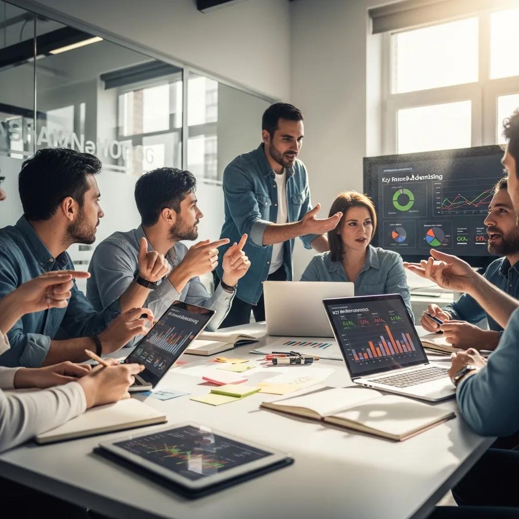 Marketing team discussing online advertising strategies in a modern office