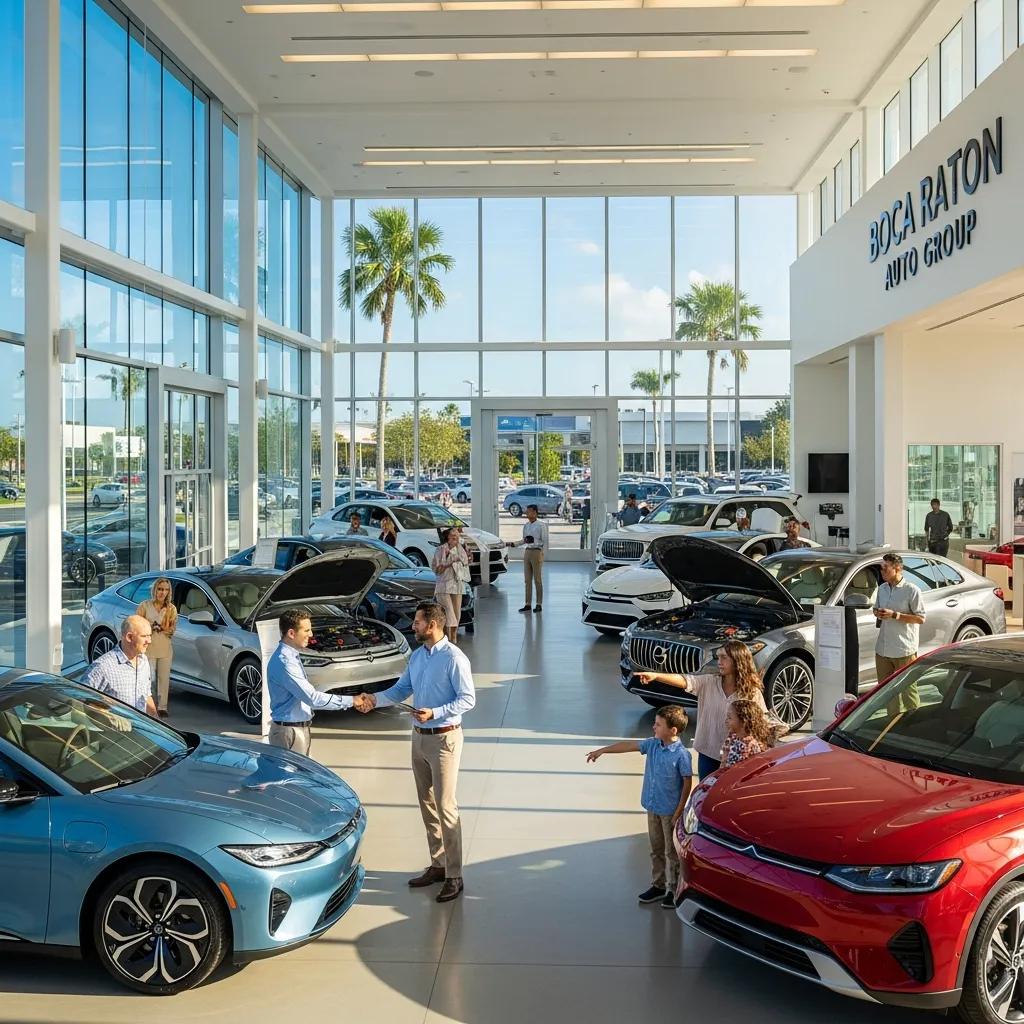 Modern car dealership in Boca Raton with customers and sales representatives