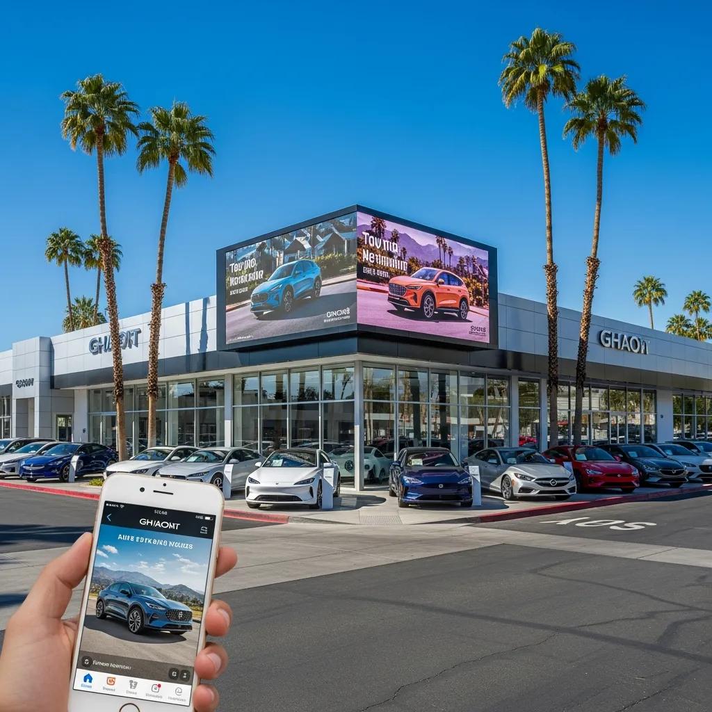 Modern car dealership in Palm Springs with cars on display and digital marketing elements