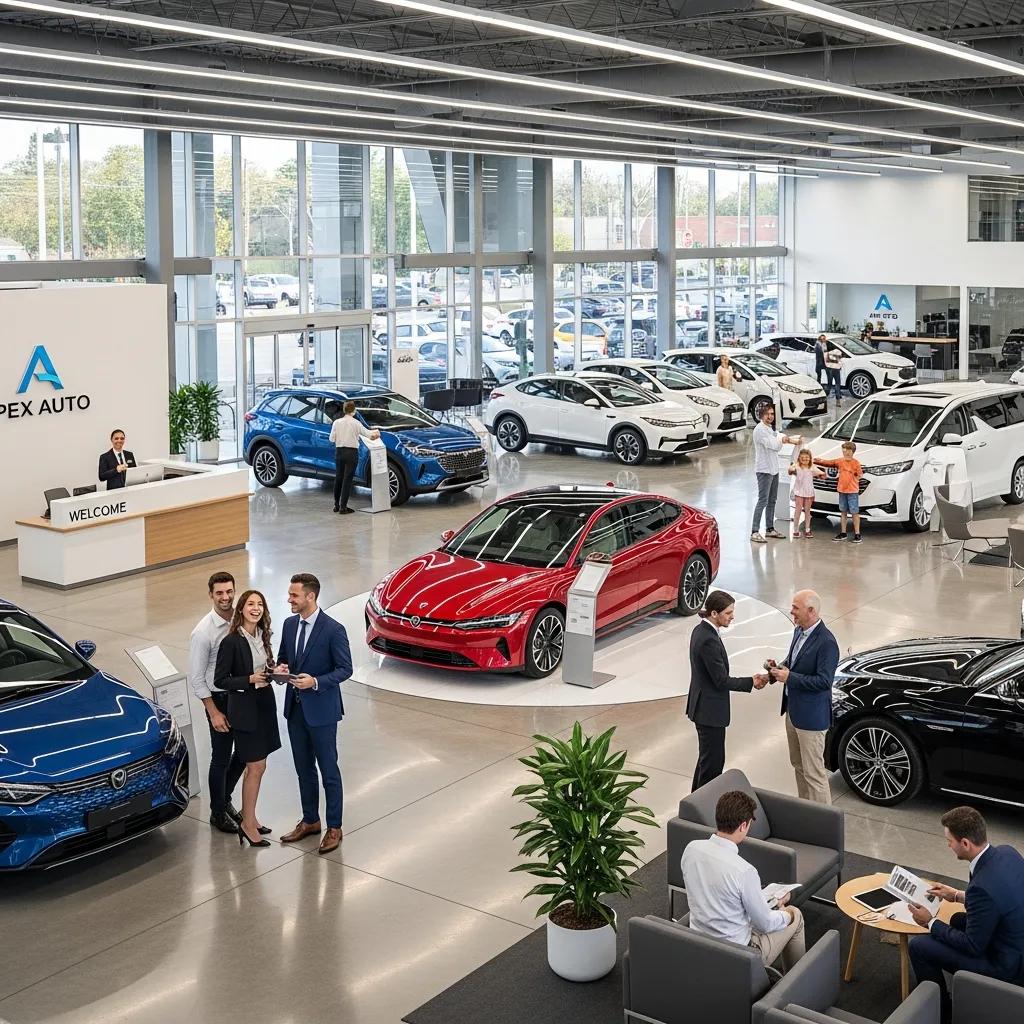 Modern car dealership with customers and sales representatives, emphasizing customer service and satisfaction