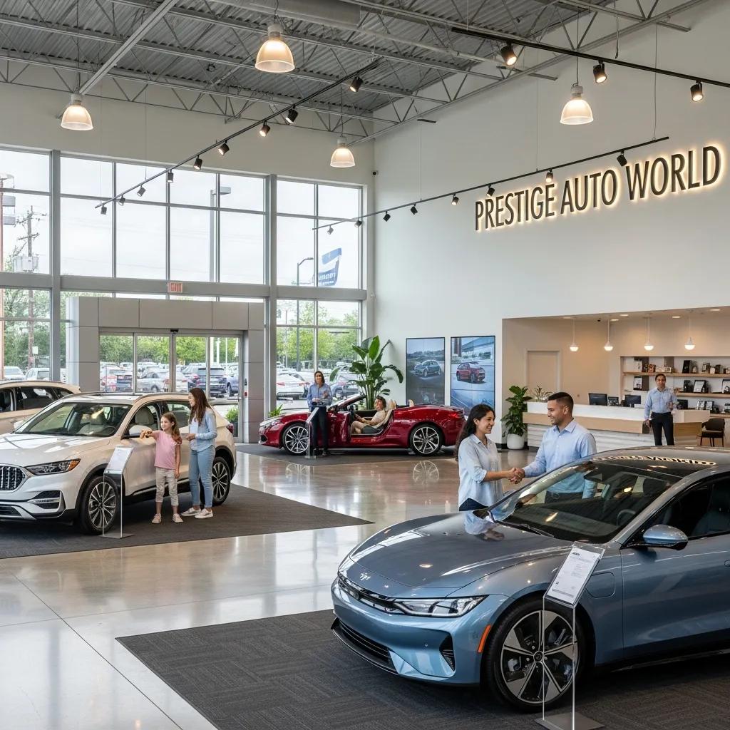 Modern car dealership with customers and sales staff, highlighting digital marketing strategies