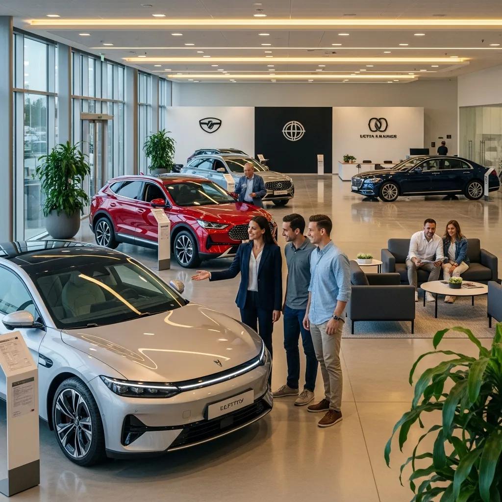 Modern car dealership with customers and sales staff, highlighting digital marketing strategies
