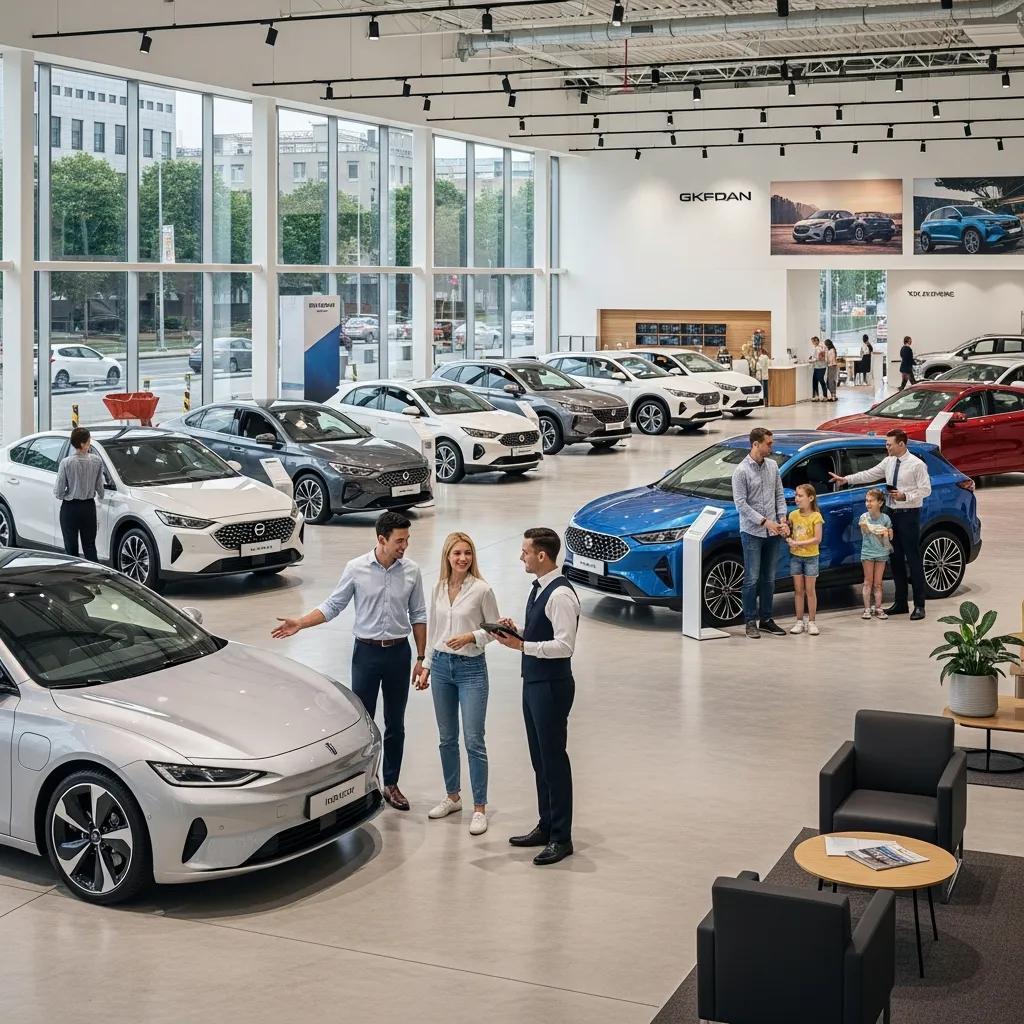 Modern car dealership with customers and vehicles, highlighting digital marketing strategies