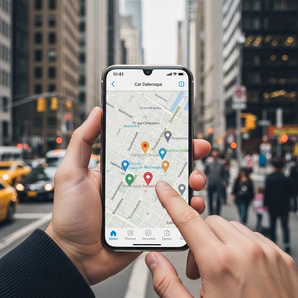 Person searching for local car dealerships on a smartphone, highlighting local SEO techniques